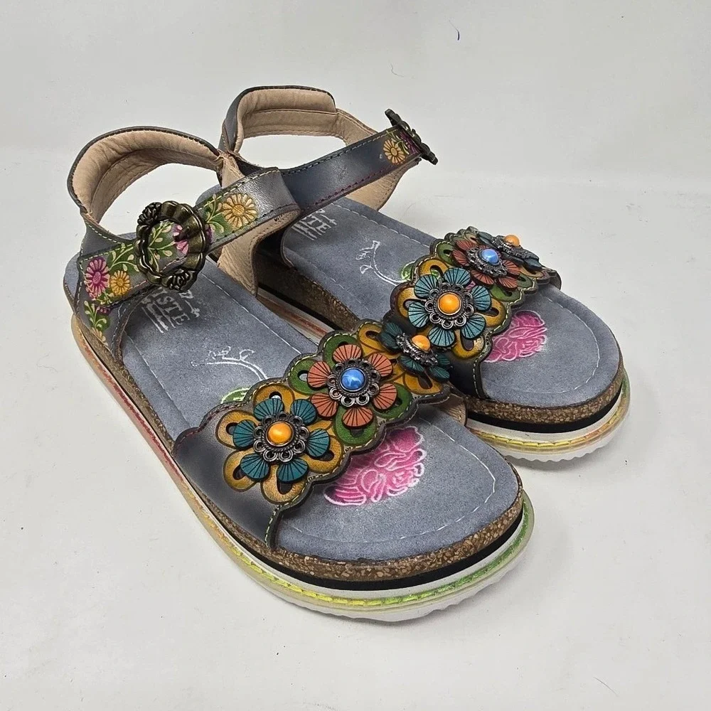 L'artiste By Spring Step women 38 Onyx-Grym wedge sandal leather floral NO BOX